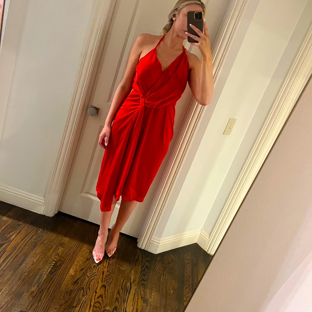 Fire Red/Orange asymmetrical midi dress. Never worn. Could fit an 8 or 10